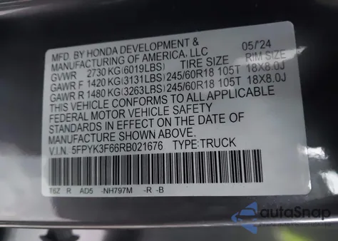 2024 Honda Ridgeline Trailsport из США, поврежденный, VIN 5FPYK3F66RB021676